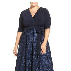 *Tea-Length Lace & Jersey Cocktail Dress with Full Rosette Lace Skirt Tie Belt